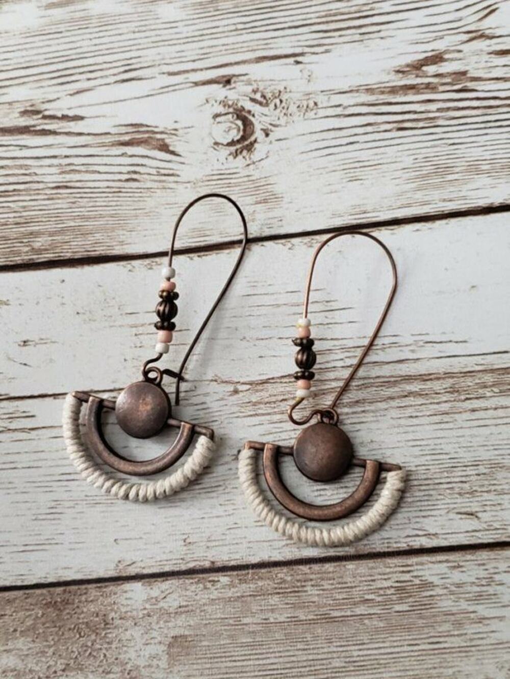 Brown & Cream Boho Fan Style Dangle Earrings - Brand New